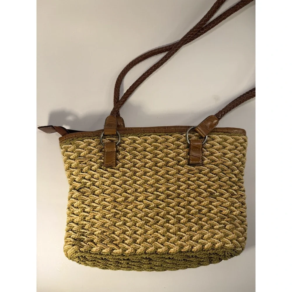 Maggie Barnes Weaved Straw with Faux Leather Croc Print Leather Shoulder Bag